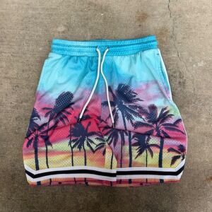 No Boundaries Mens Mesh Tropical Palm Tree Sunset Basketball Shorts Blue Pink S